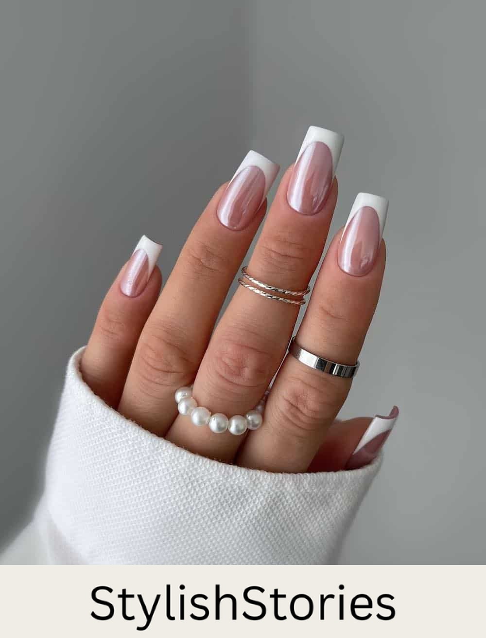 long square chrome nails with white tips