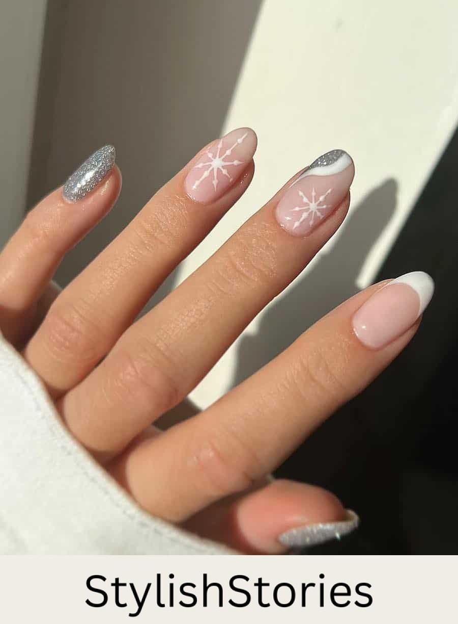 short nude round nails with white and silver glitter waves, tips, and snowflakes