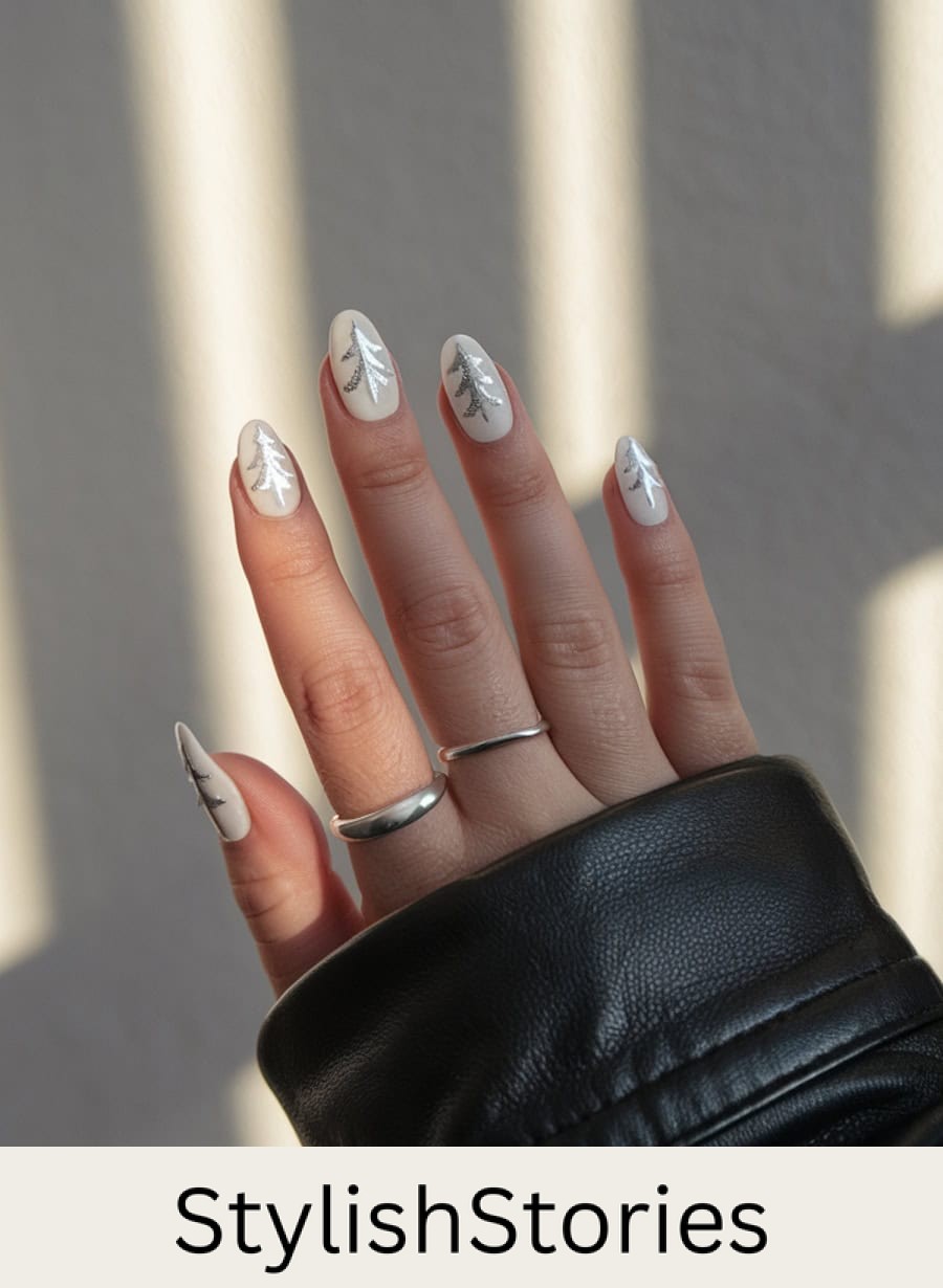 short round white nails with silver pine tree designs
