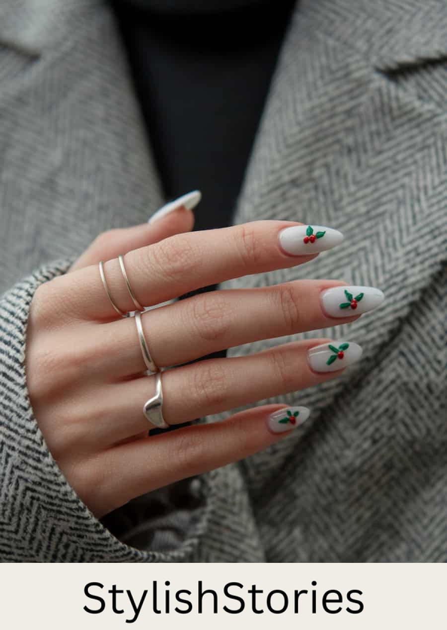 long milky white almond nails with holly berry nail art