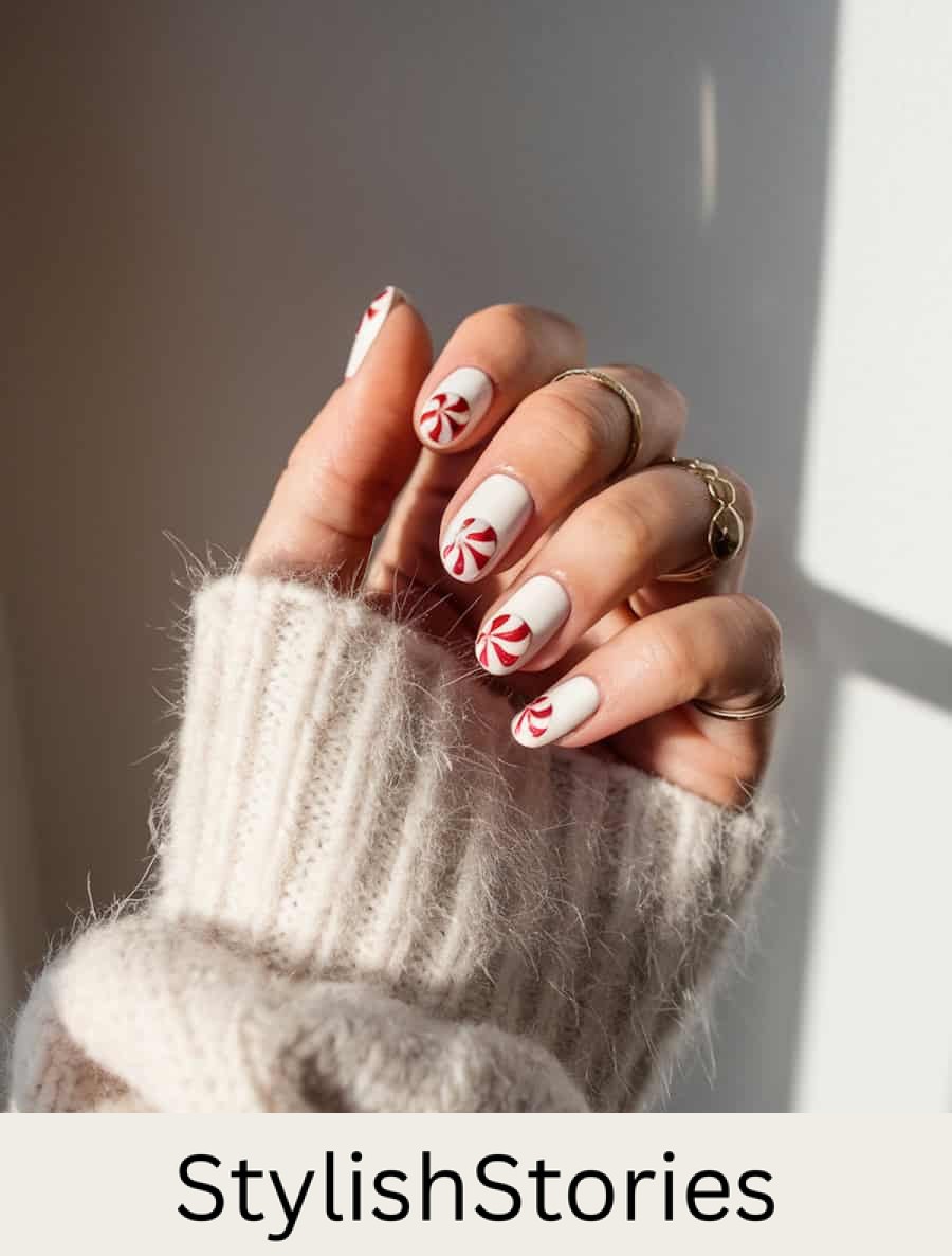 short round white nails with peppermint rounds at the tip