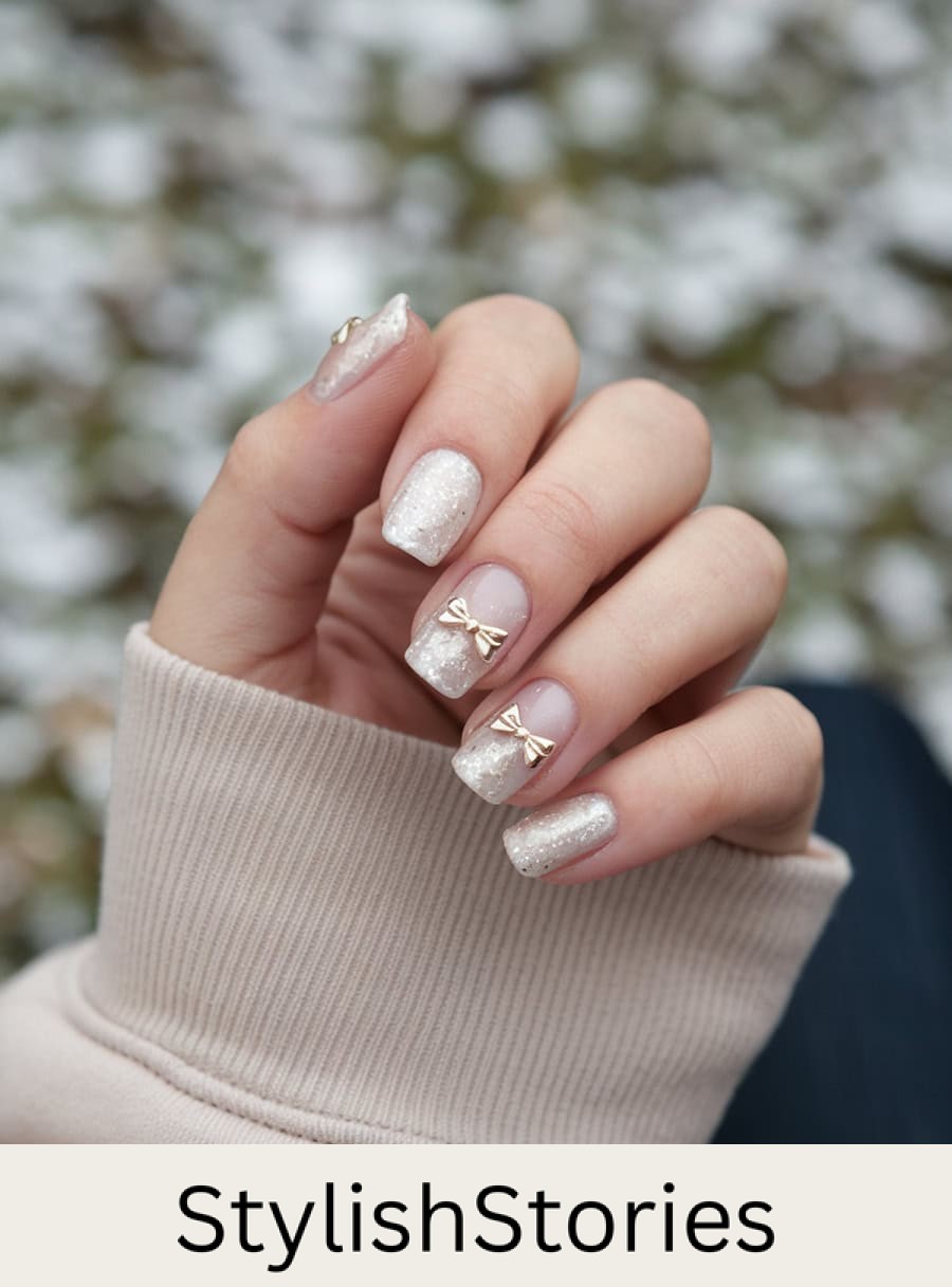 short square nails with white glitter base coats and gold bow charms