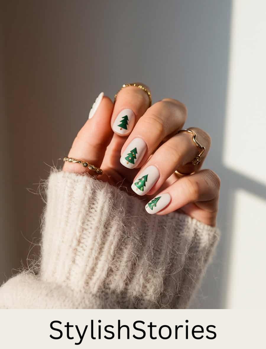 short white nails with green christmas trees