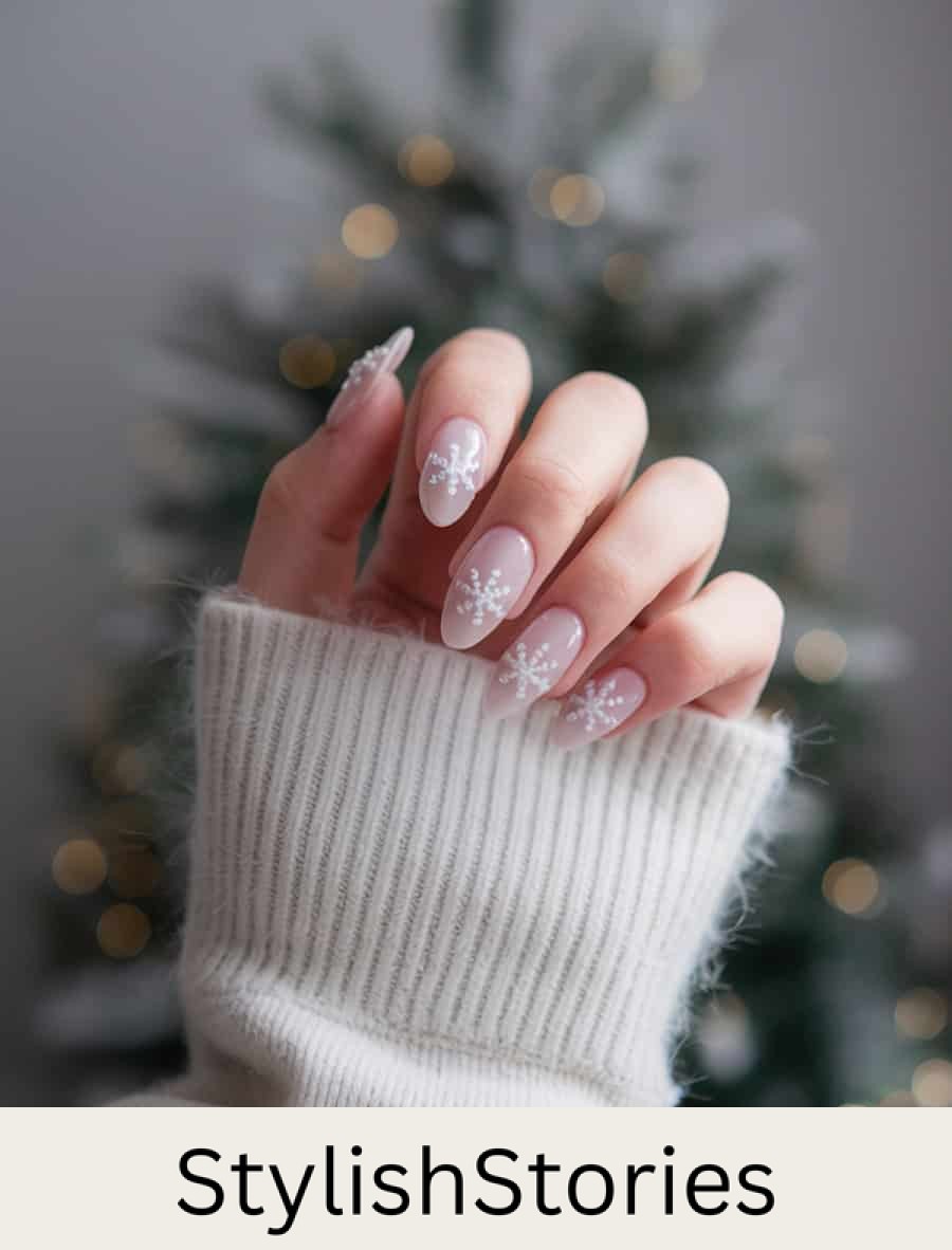 medium milky white almond nails with white snowflakes