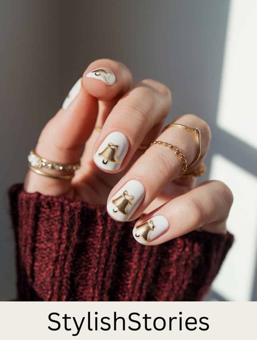 short white nails with golden bells