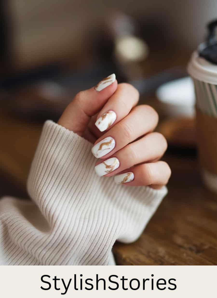 short square nails with white nail polish and gold marbling