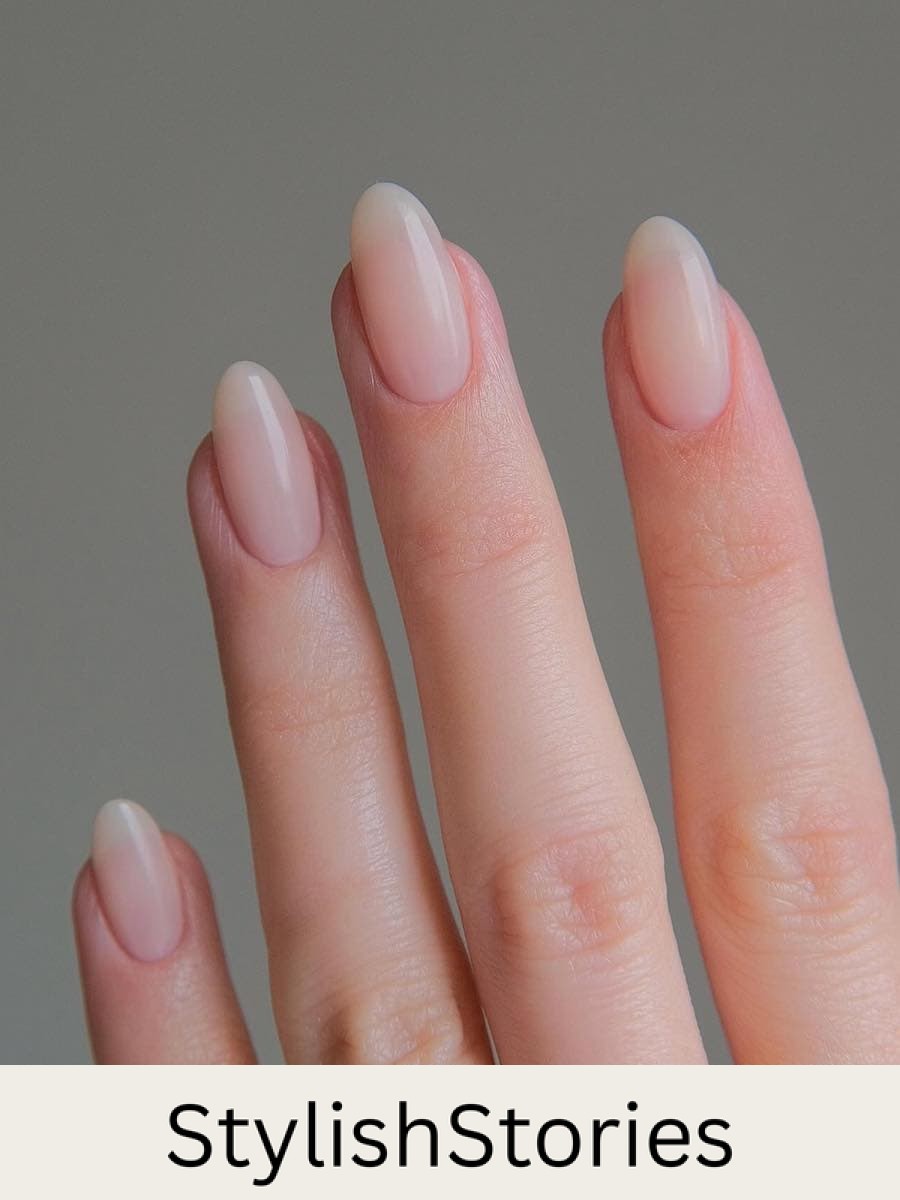 short glossy nude almond nails