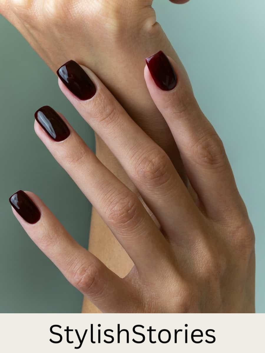 short square nails with black cherry nail polish