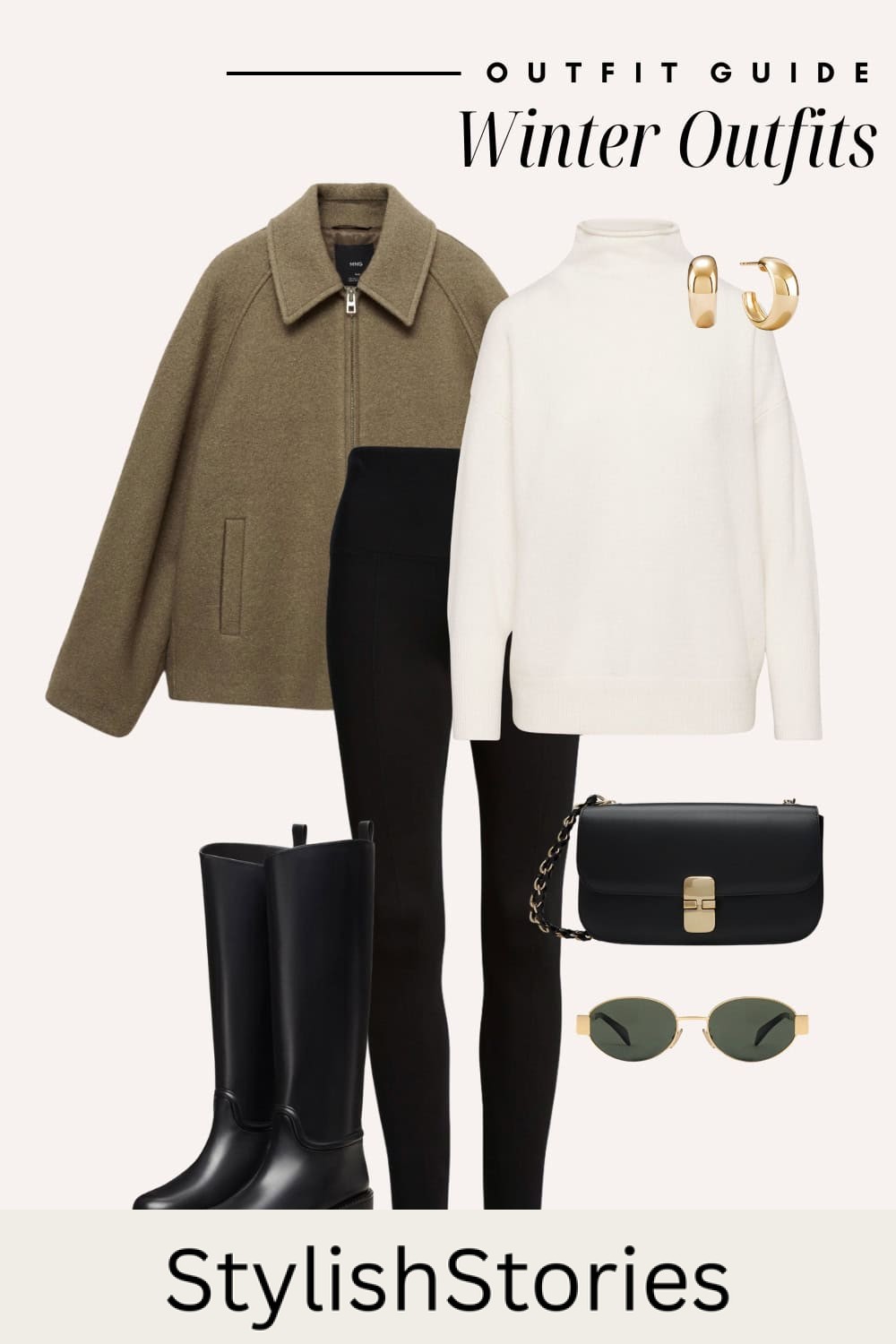 Flat lay outfit graphic of leggings, a mock neck sweater, boots and a jacket.